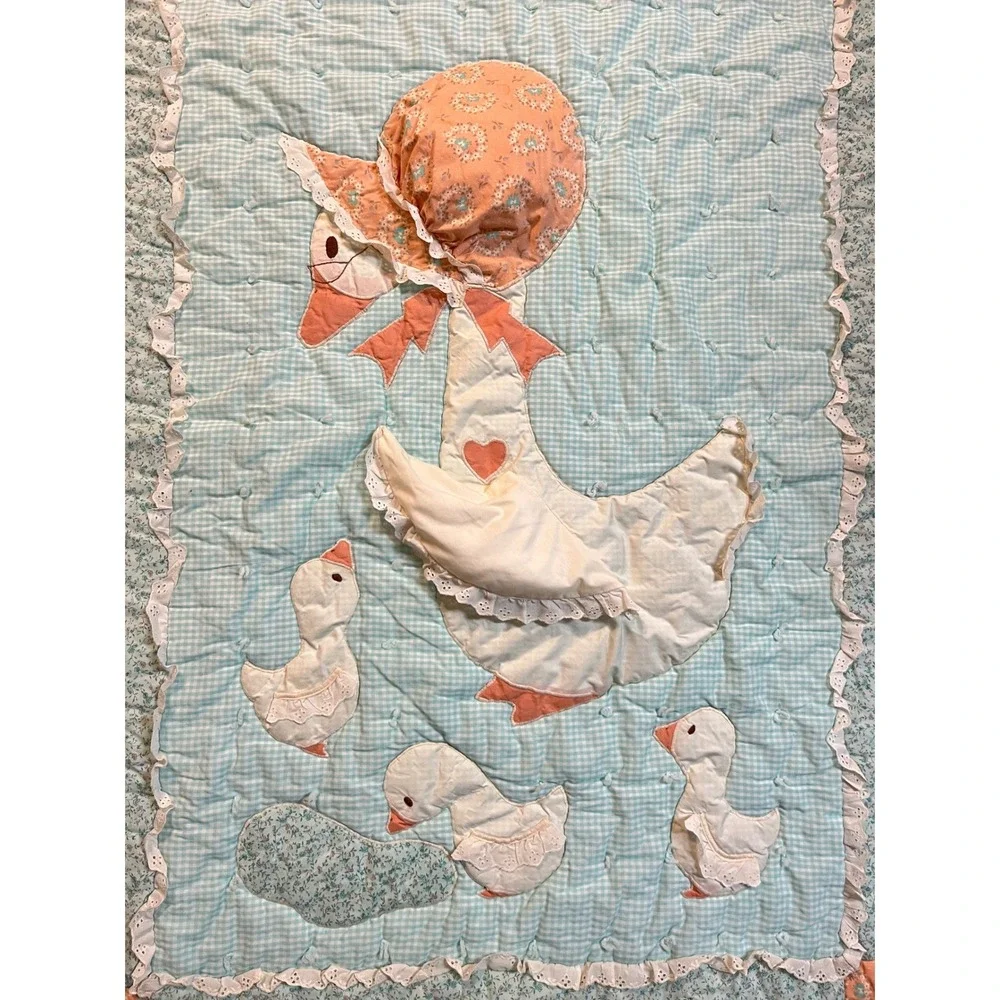Vintage Mother Goose Baby Quilt Duck Gingham Lace Handmade Cottagecore Granny